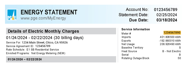 A PGE statement with the meter number highlighted in yellow.