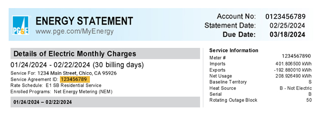 A PGE statement with the service agreement number highlighted in yellow.